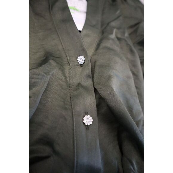 ZARA Women's Sz Small Hunter Green Jewel Button Ruffled Satin Effect L/S Blouse - Picture 6 of 8